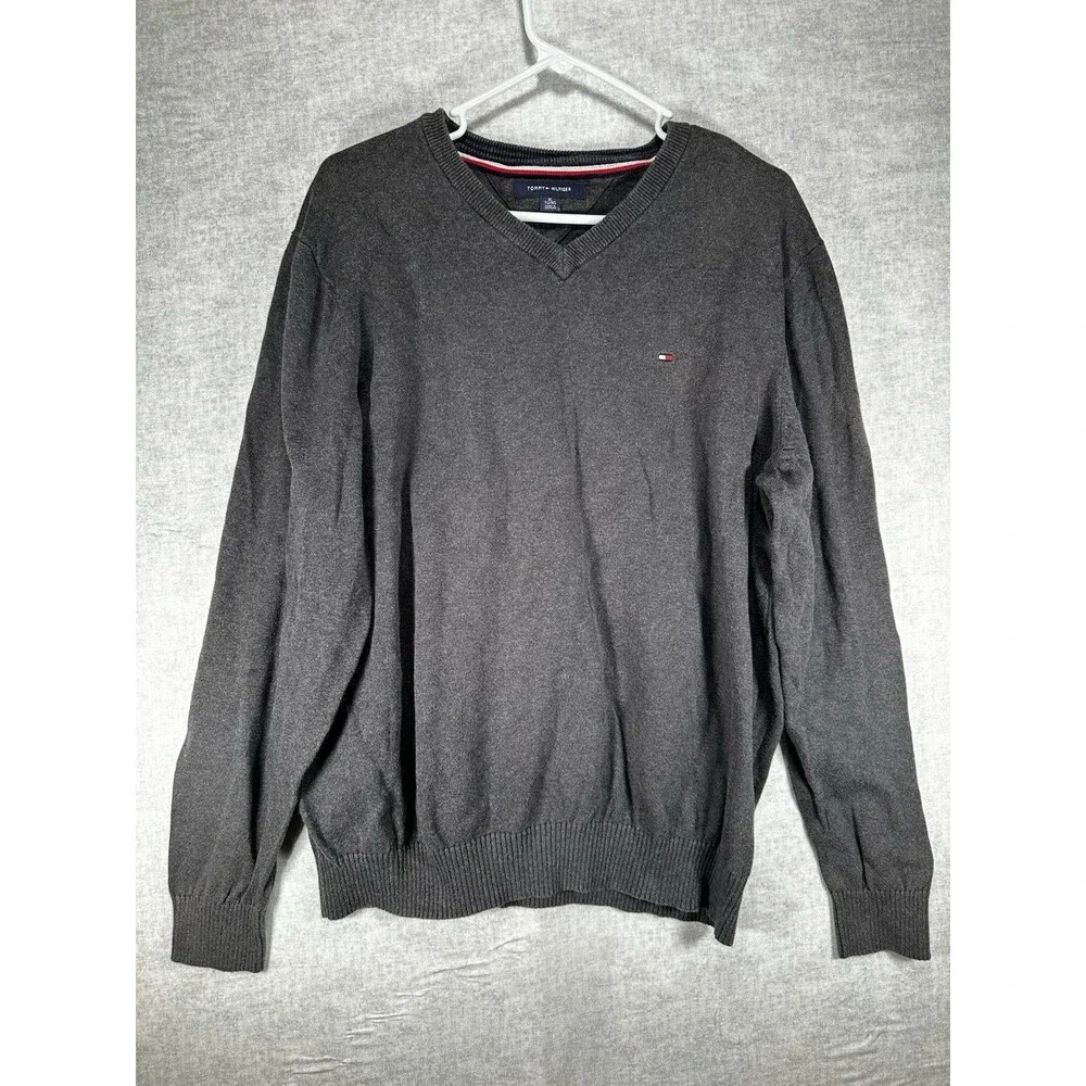 Tommy Hilfiger Sweater Mens XL Gray Knit Crewneck Knit Flag Logo Pullover - Picture 1 of 6